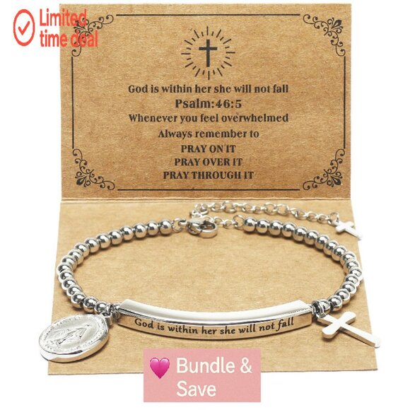 Stainless Steel Christian Charm Bracelet with Cross and Inspirational Verse - Picture 1 of 8